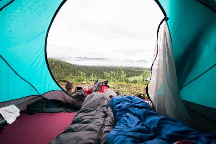 a sleeping bag in a tent