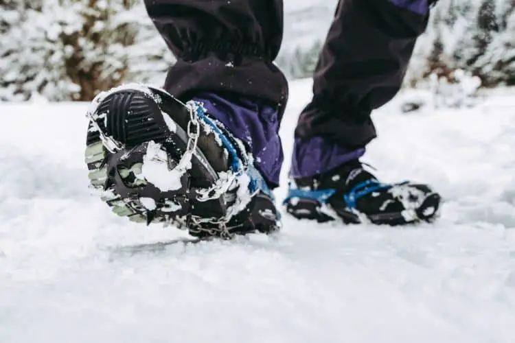 Crampons on hiking boots
