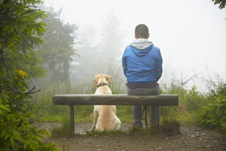 man sitting on a bench with his dog