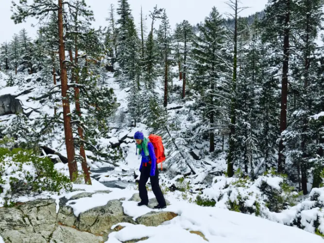 woman hiking in winter