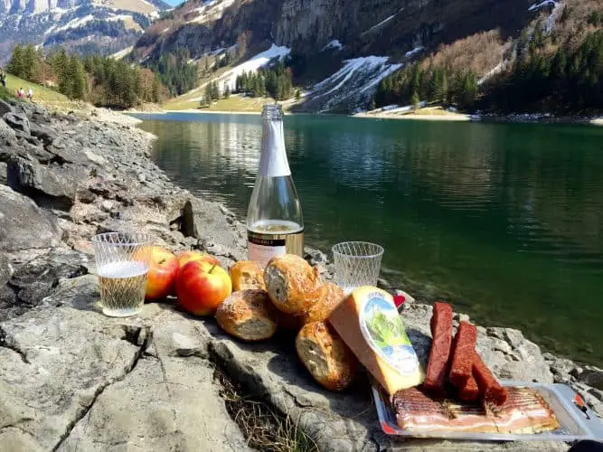 hiking food with lake view